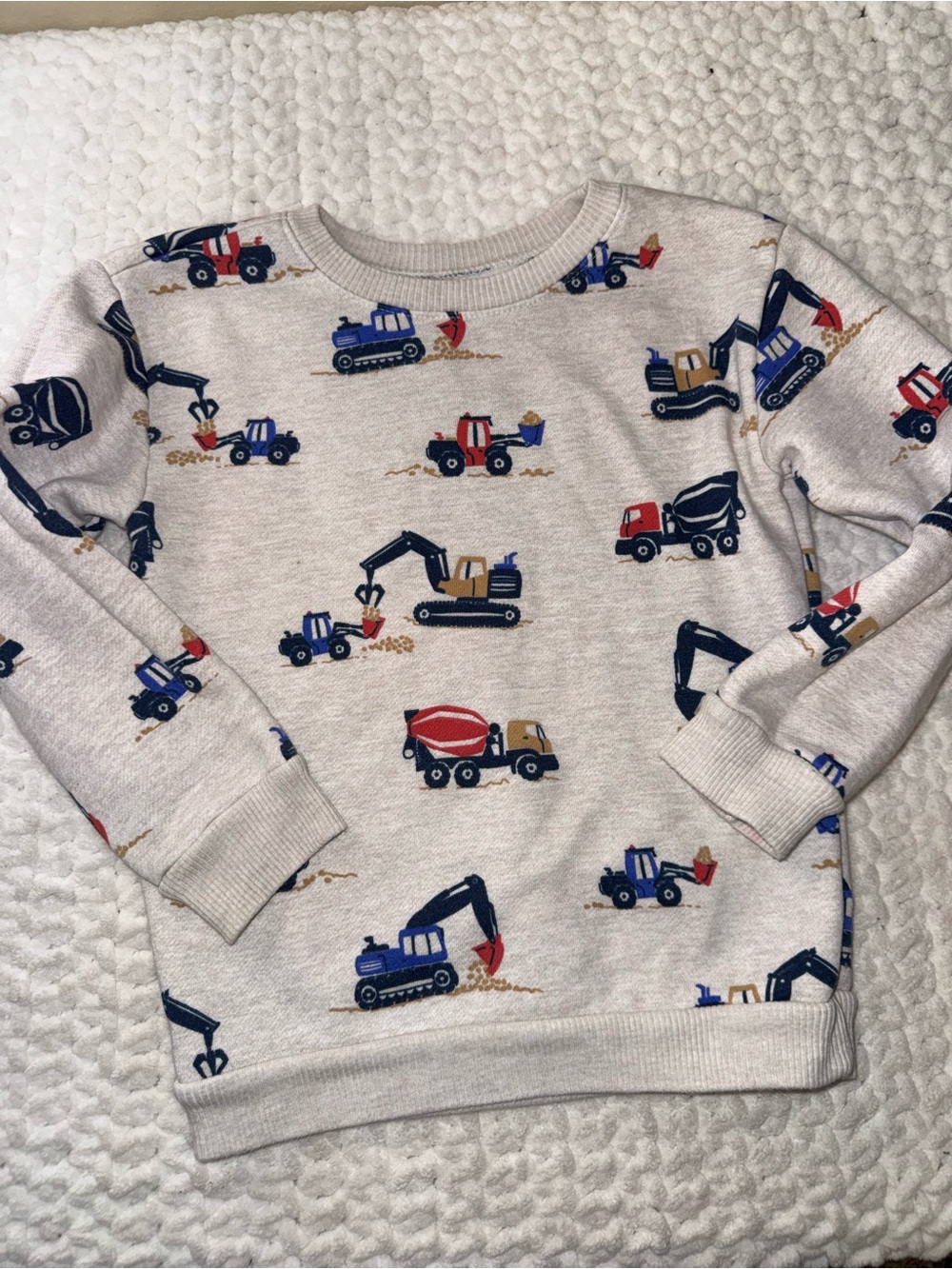 Kids Construction Truck Sweatshirt - Cream with Blue & Red Trucks